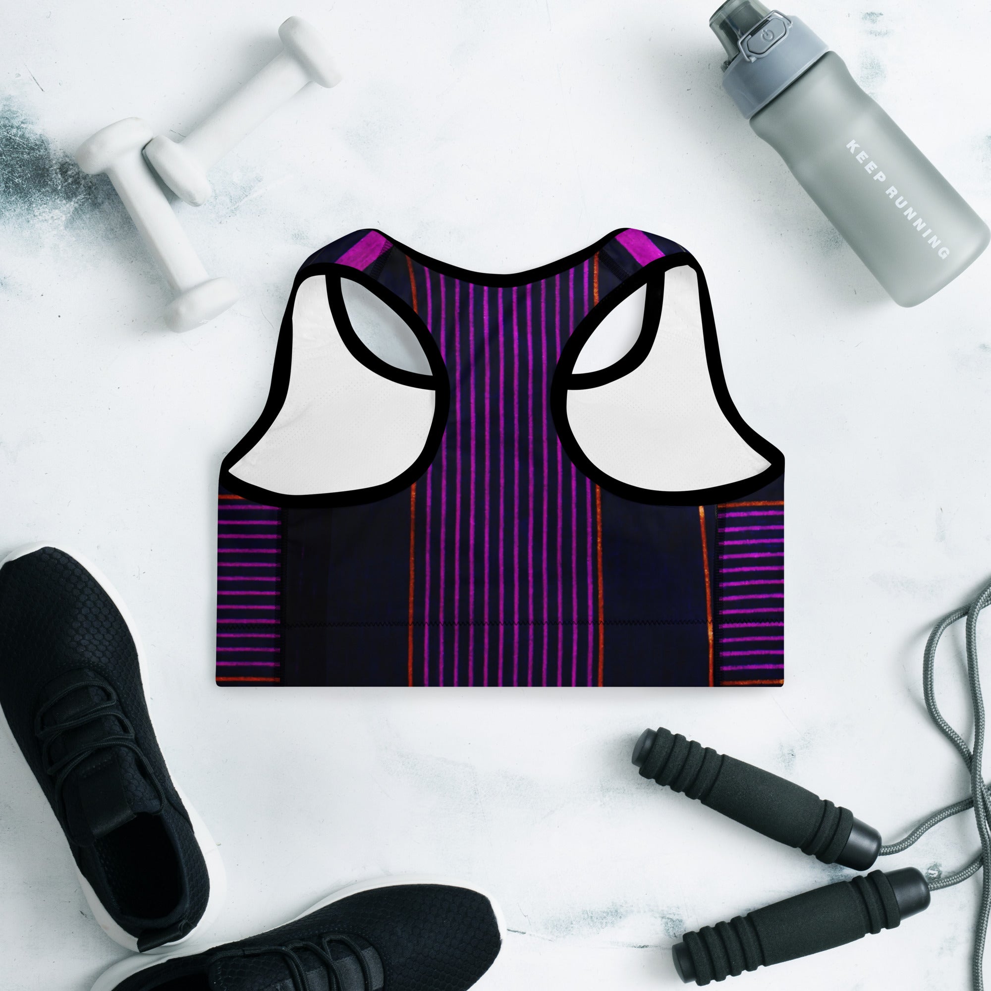 Sports Bra. Black Gym Fitness Top. Purple Stripes Dance top. Yoga Top or Training Bra. Peppermint by WickedYo.